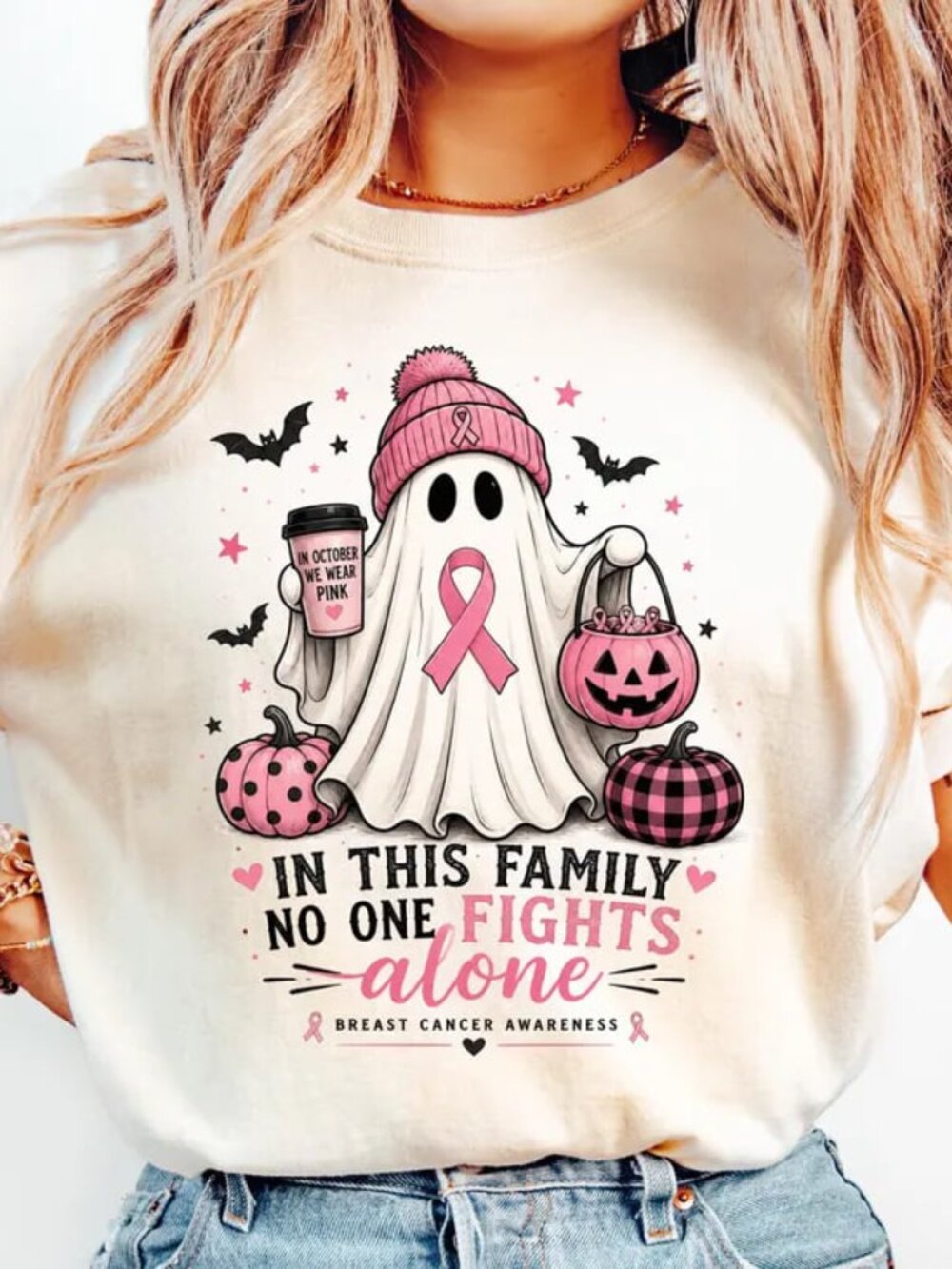 Halloween Ghost Tee, In October We Wear Pink Shirt, Cancer Awareness Tee